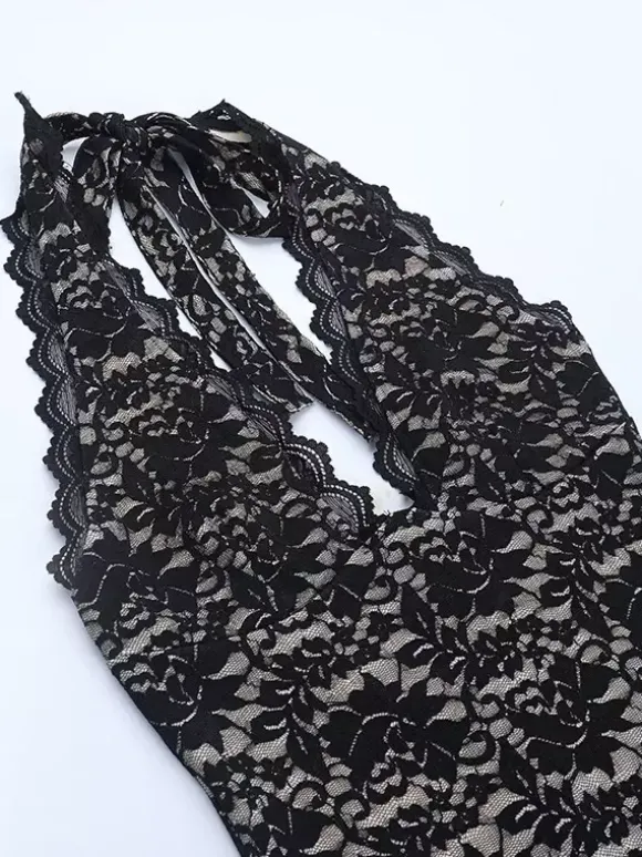 Robe longue pour femme en dentelle noire superposée - Robe dos nu à bretelles et doublure nude - Robe de soirée moulante et sexy 2026