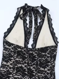 Robe longue pour femme en dentelle noire superposée - Robe dos nu à bretelles et doublure nude - Robe de soirée moulante et sexy 2026