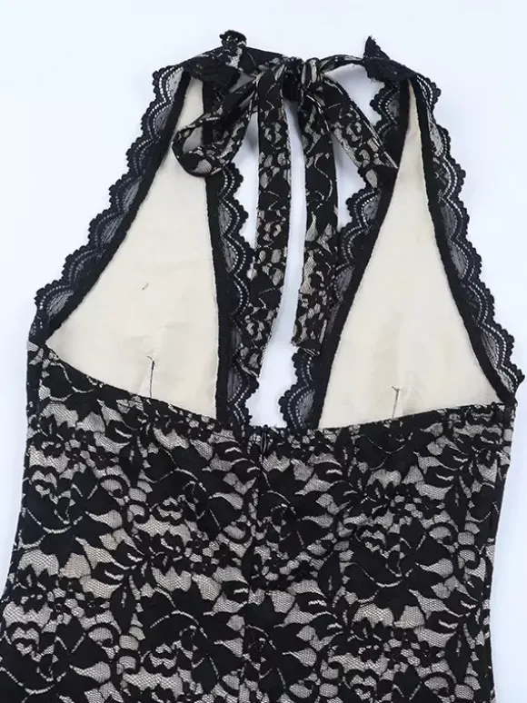 Robe longue pour femme en dentelle noire superposée - Robe dos nu à bretelles et doublure nude - Robe de soirée moulante et sexy 2026