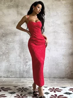 Robe longue rouge à imprimé floral jacquard pour femme - Robe nuisette romantique et ajustée - Tenues d'été pour un rendez-vous galant 2026