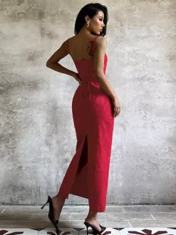 Robe longue rouge à imprimé floral jacquard pour femme - Robe nuisette romantique et ajustée - Tenues d'été pour un rendez-vous galant 2026
