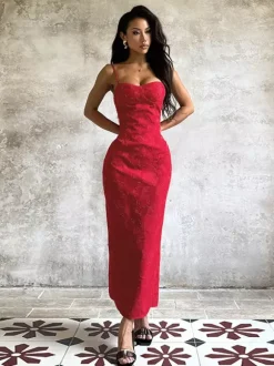Robe longue rouge à imprimé floral jacquard pour femme - Robe nuisette romantique et ajustée - Tenues d'été pour un rendez-vous galant 2026