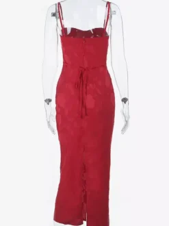 Robe longue rouge à imprimé floral jacquard pour femme - Robe nuisette romantique et ajustée - Tenues d'été pour un rendez-vous galant 2026