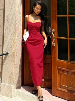 Robe longue rouge à imprimé floral jacquard pour femme - Robe nuisette romantique et ajustée - Tenues d'été pour un rendez-vous galant 2026
