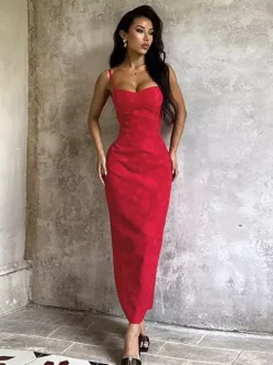 Robe longue rouge à imprimé floral jacquard pour femme - Robe nuisette romantique et ajustée - Tenues d'été pour un rendez-vous galant 2026