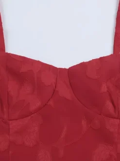 Robe longue rouge à imprimé floral jacquard pour femme - Robe nuisette romantique et ajustée - Tenues d'été pour un rendez-vous galant 2026