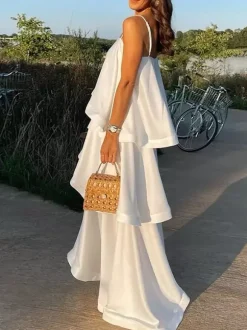Robe longue sans manches à bretelles décolleté sexy style bohème jaune pour une soirée en amoureux