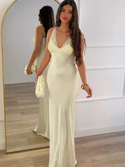 Robe longue sexy abricot sans manches à col en V pour femme Daily Dresses