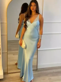 Robe longue sexy abricot sans manches à col en V pour femme Daily Dresses