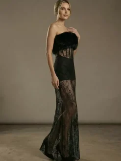 Robe longue sexy en fausse fourrure et dentelle pour femme - Body bustier noir sans bretelles avec jupe transparente - Soirée d'été 2026