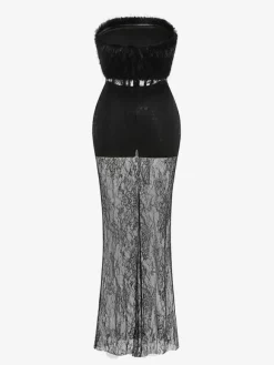 Robe longue sexy en fausse fourrure et dentelle pour femme - Body bustier noir sans bretelles avec jupe transparente - Soirée d'été 2026