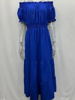 Robe longue smockée à épaules dénudées pour femme - Robe de plage bohème à volants et manches bouffantes - Été 2026