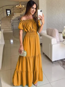 Robe longue smockée à épaules dénudées pour femme - Robe de plage bohème à volants et manches bouffantes - Été 2026
