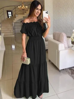 Robe longue smockée à épaules dénudées pour femme - Robe de plage bohème à volants et manches bouffantes - Été 2026