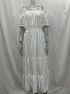 Robe longue smockée à épaules dénudées pour femme - Robe de plage bohème à volants et manches bouffantes - Été 2026