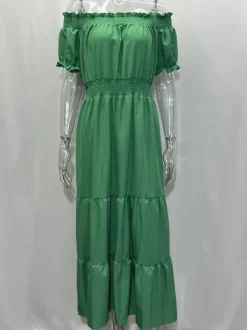 Robe longue smockée à épaules dénudées pour femme - Robe de plage bohème à volants et manches bouffantes - Été 2026