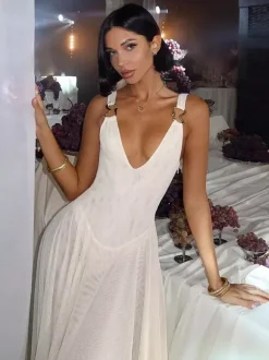 Robe longue transparente pour femme - Body sexy en maille patchwork à col V - Robe fluide - Été Beach Club 2026