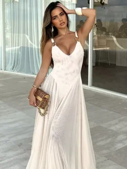 Robe longue transparente pour femme - Body sexy en maille patchwork à col V - Robe fluide - Été Beach Club 2026