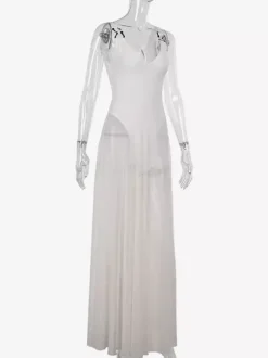 Robe longue transparente pour femme - Body sexy en maille patchwork à col V - Robe fluide - Été Beach Club 2026