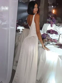 Robe longue transparente pour femme - Body sexy en maille patchwork à col V - Robe fluide - Été Beach Club 2026