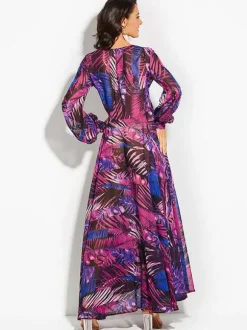 Robe longue tropicale pour femme - Robe portefeuille imprimée feuilles col en V et manches lanternes - Idéale pour les fêtes d'été à la plage 2026