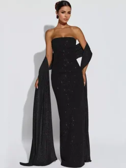Robe longue tube à paillettes pour femme - Robe moulante dos nu sexy avec foulard - Tenue de soirée d'été 2026