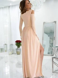 Robe Longue Verte en Mousseline Femme à Col Décolleté en V avec Manches Longues avec Fente Unicolore Robe de Soirée