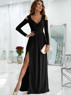 Robe Longue Verte en Mousseline Femme à Col Décolleté en V avec Manches Longues avec Fente Unicolore Robe de Soirée