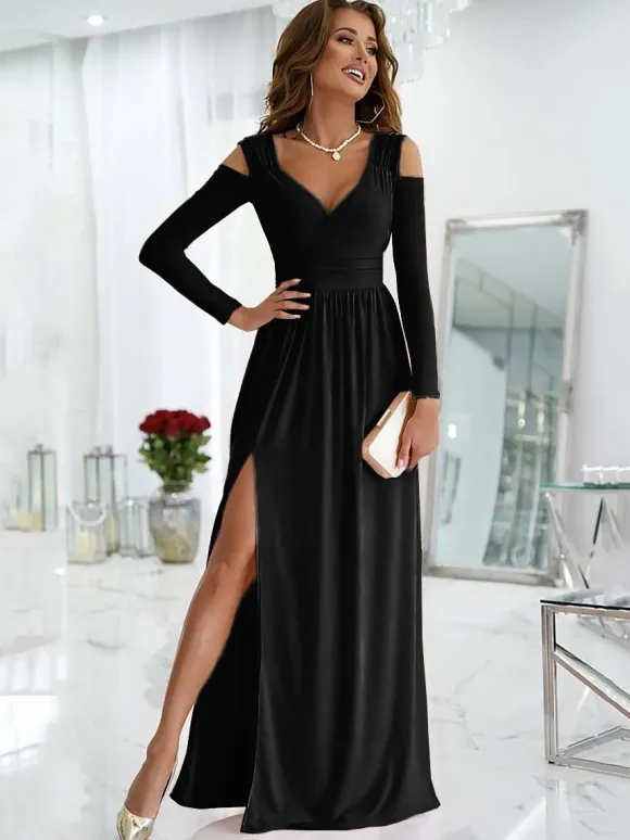 Robe Longue Verte en Mousseline Femme à Col Décolleté en V avec Manches Longues avec Fente Unicolore Robe de Soirée