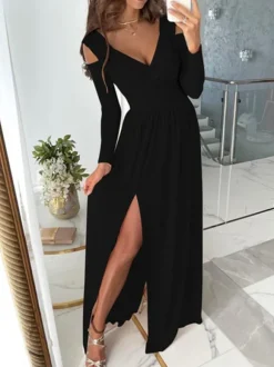 Robe Longue Verte en Mousseline Femme à Col Décolleté en V avec Manches Longues avec Fente Unicolore Robe de Soirée