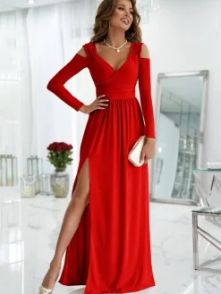 Robe Longue Verte en Mousseline Femme à Col Décolleté en V avec Manches Longues avec Fente Unicolore Robe de Soirée