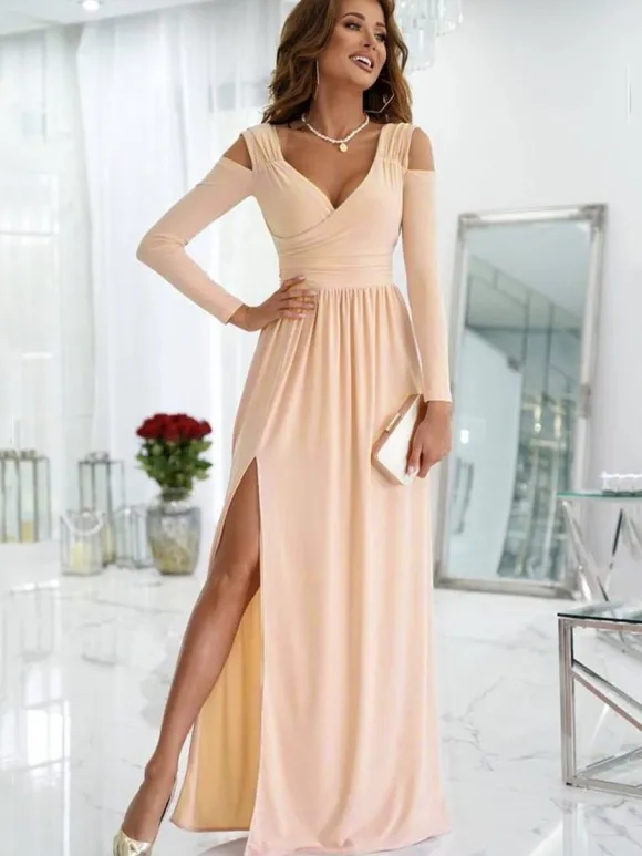 Robe Longue Verte en Mousseline Femme à Col Décolleté en V avec Manches Longues avec Fente Unicolore Robe de Soirée
