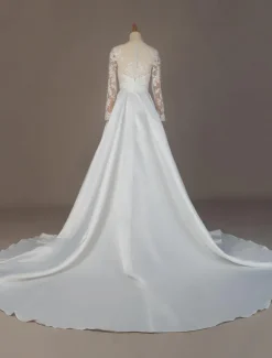 Robe mariée col rond en dentelle manche longue floral jupe évasé à traîne Robe de mariée