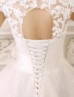Robe mariée princesse col rond en dentelle dos nu à laçage jupe évasée en dentelle pailleté robe de mariée