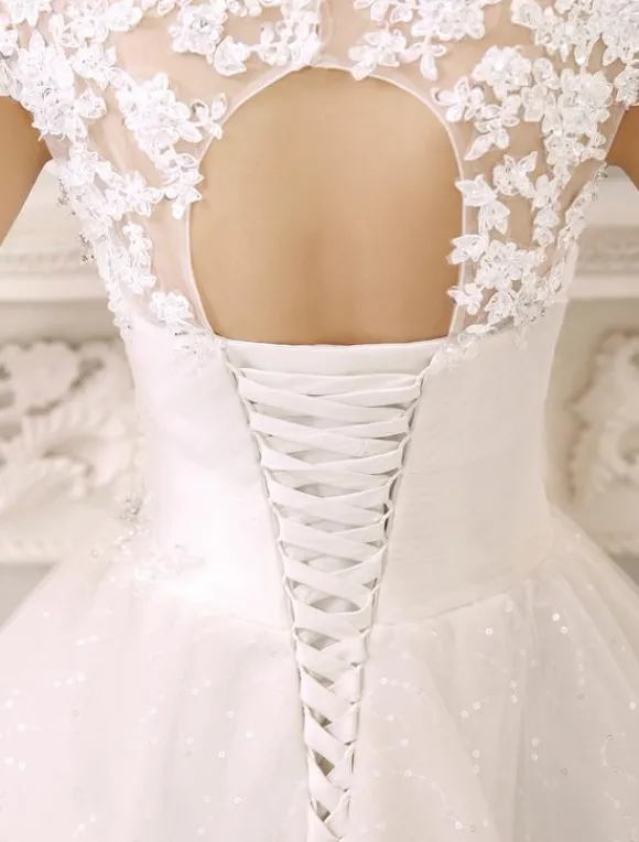 Robe mariée princesse col rond en dentelle dos nu à laçage jupe évasée en dentelle pailleté robe de mariée