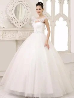 Robe mariée princesse col rond en dentelle dos nu à laçage jupe évasée en dentelle pailleté robe de mariée