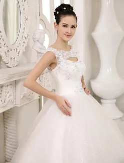 Robe mariée princesse col rond en dentelle dos nu à laçage jupe évasée en dentelle pailleté robe de mariée