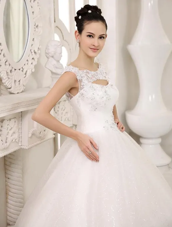Robe mariée princesse col rond en dentelle dos nu à laçage jupe évasée en dentelle pailleté robe de mariée