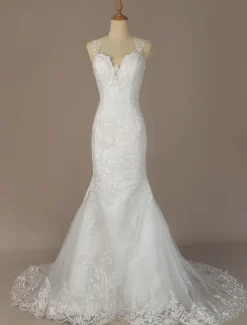 Robe mariée sirène à bretelle en dentelle dos nu à traîne Robe de mariée