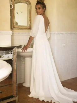 Robe mariée trapèze col V demi-manche longueur au sol dos en V nu jupe fendue robe de mariage