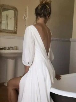Robe mariée trapèze col V demi-manche longueur au sol dos en V nu jupe fendue robe de mariage