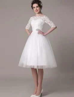 Robe mariée vintage col bateau demi-manche en dentelle jupe en tulle courte au dessus de genou Robe de mariage