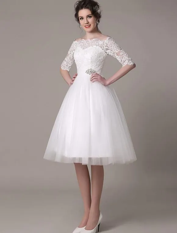 Robe mariée vintage col bateau demi-manche en dentelle jupe en tulle courte au dessus de genou Robe de mariage