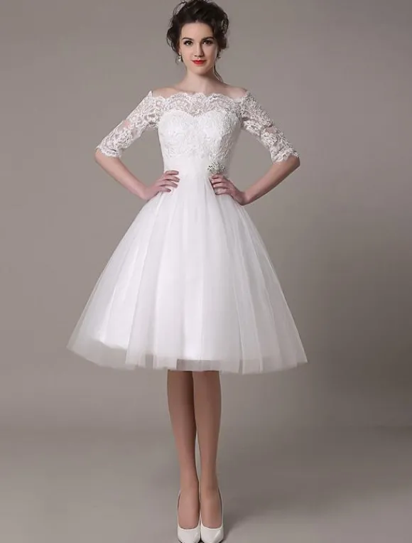 Robe mariée vintage col bateau demi-manche en dentelle jupe en tulle courte au dessus de genou Robe de mariage