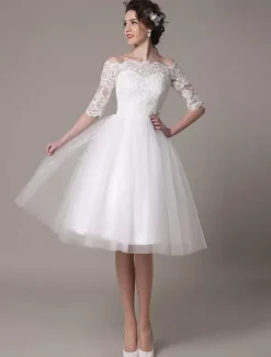 Robe mariée vintage col bateau demi-manche en dentelle jupe en tulle courte au dessus de genou Robe de mariage