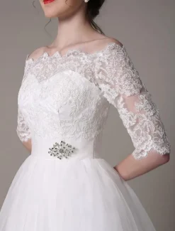 Robe mariée vintage col bateau demi-manche en dentelle jupe en tulle courte au dessus de genou Robe de mariage