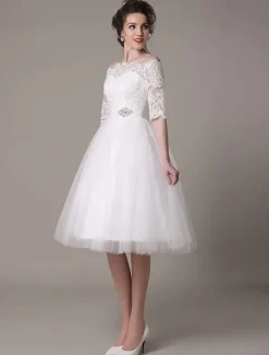 Robe mariée vintage col bateau demi-manche en dentelle jupe en tulle courte au dessus de genou Robe de mariage