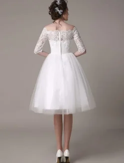 Robe mariée vintage col bateau demi-manche en dentelle jupe en tulle courte au dessus de genou Robe de mariage
