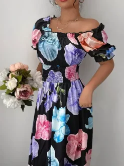 Robe maxi à imprimé floral et col carré pour femme élégante et parfaite pour l'été
