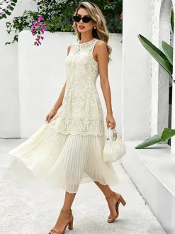 Robe maxi de tous les jours pour femme sans manches col rond taille naturelle élégante robe en dentelle